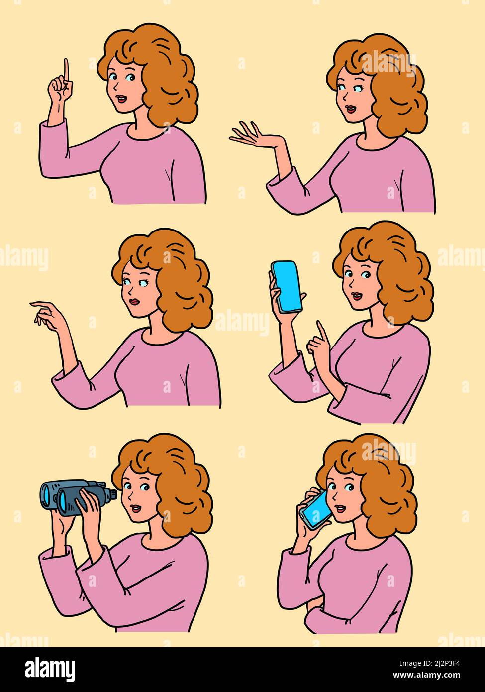 Set collection of woman gestures. Phone smartphone binoculars presentation Stock Vector