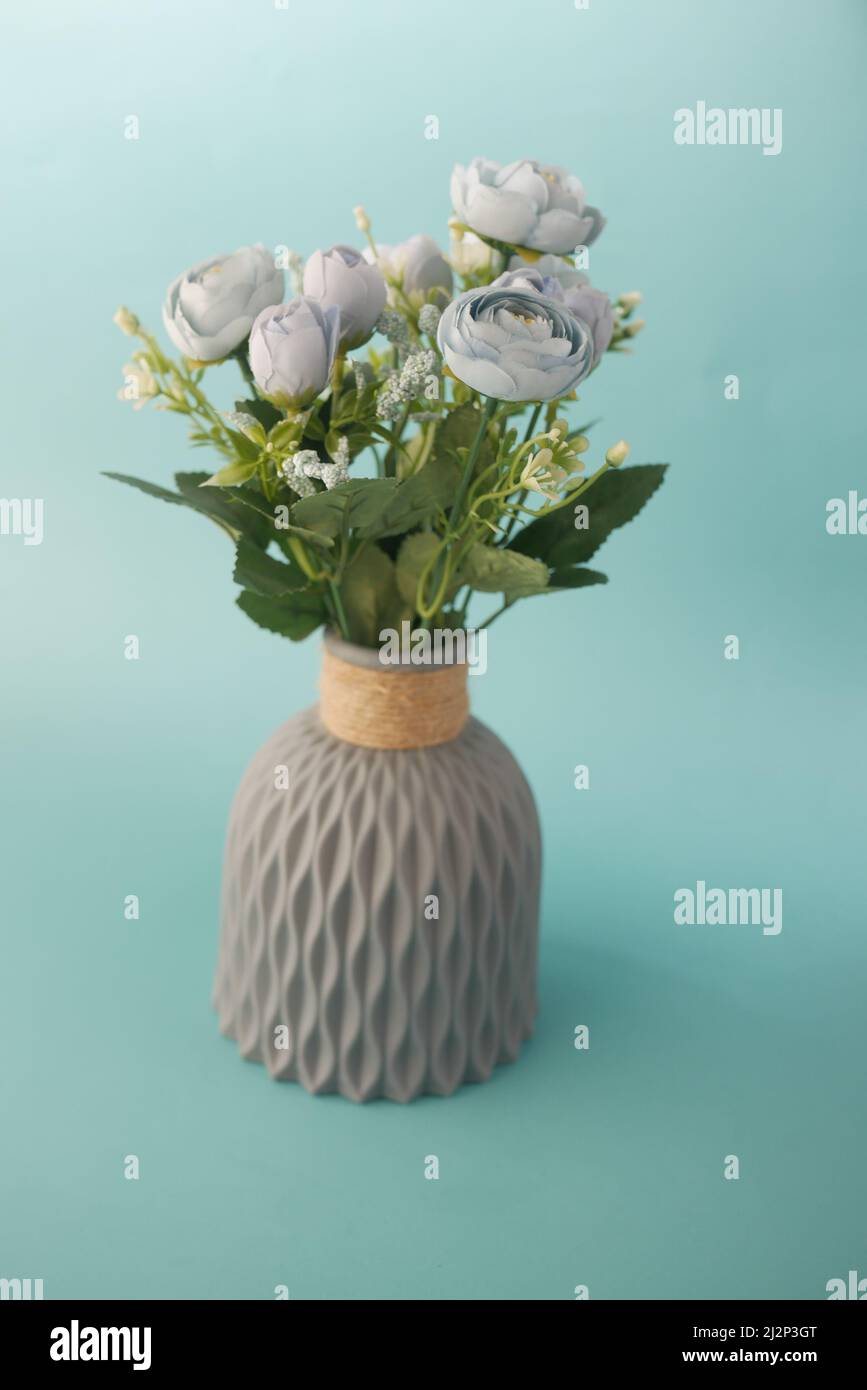 light green color rose flower in a pot on color background Stock Photo