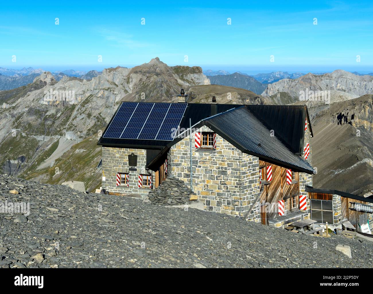 Mountain refuge Blüemlisalphütte of the Swiss Alpine Club, SAC, Bernese Alps, Kandersteg, Switzerland Stock Photo