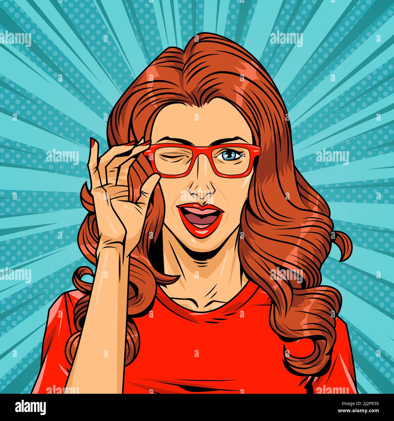Comic pretty winking red hair woman holding eyeglasses on radial and