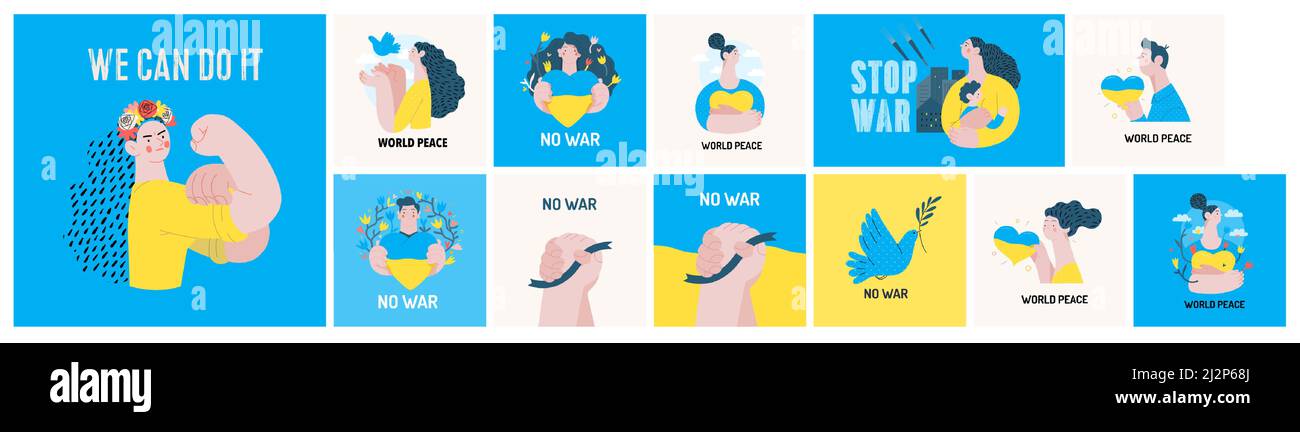 War and peace - No war -modern flat vector concept digital illustrations set. Posters on Russian-Ukranian war and national protest, Ukranian flag colo Stock Vector