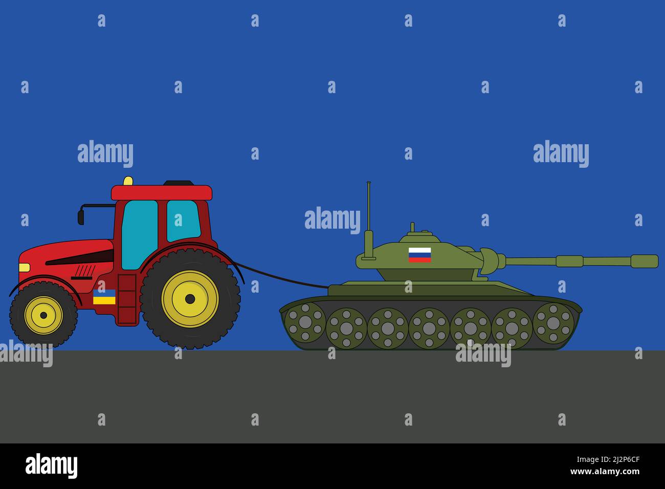 Ukrainian tractor tows away a Russian tank vector illustration Stock Vector
