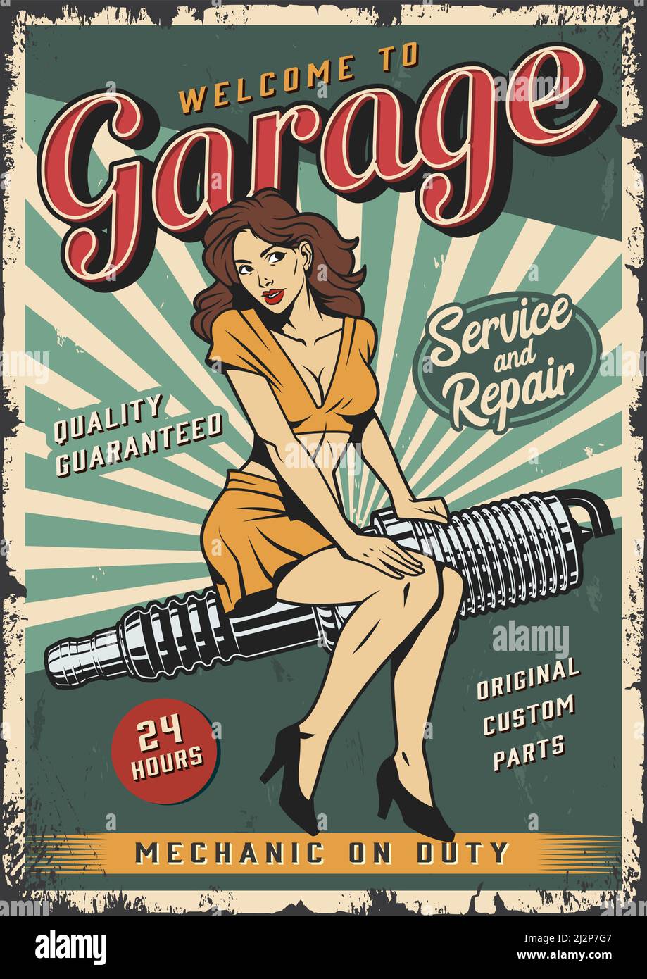 Vintage garage repair service colorful poster with pin up girl sitting
