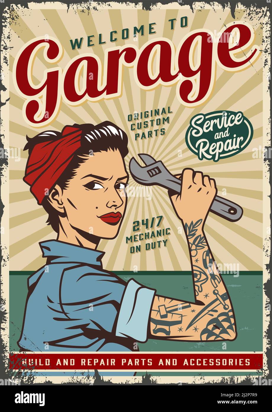 Vintage car or garage service poster with pin up attractive girl with tattoo on arm holding wrench on radial background vector illustration Stock Vector