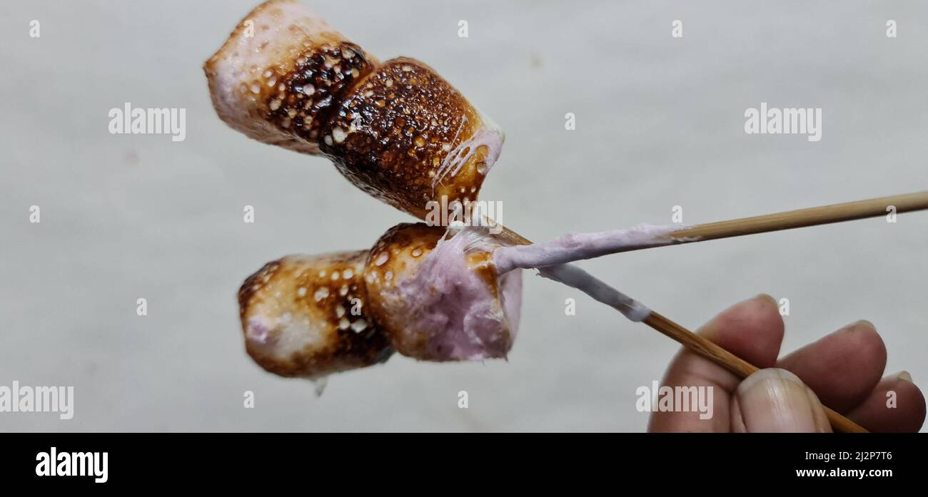 Evenly toasted marshmallows on skewer with burned texture on the surface. Ready to make marshmallow s'mores Stock Photo