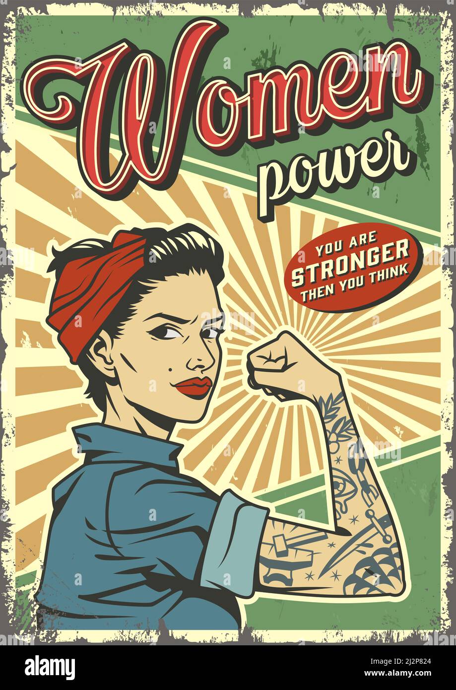 Vintage woman power colorful poster with pin up strong pretty girl with ...