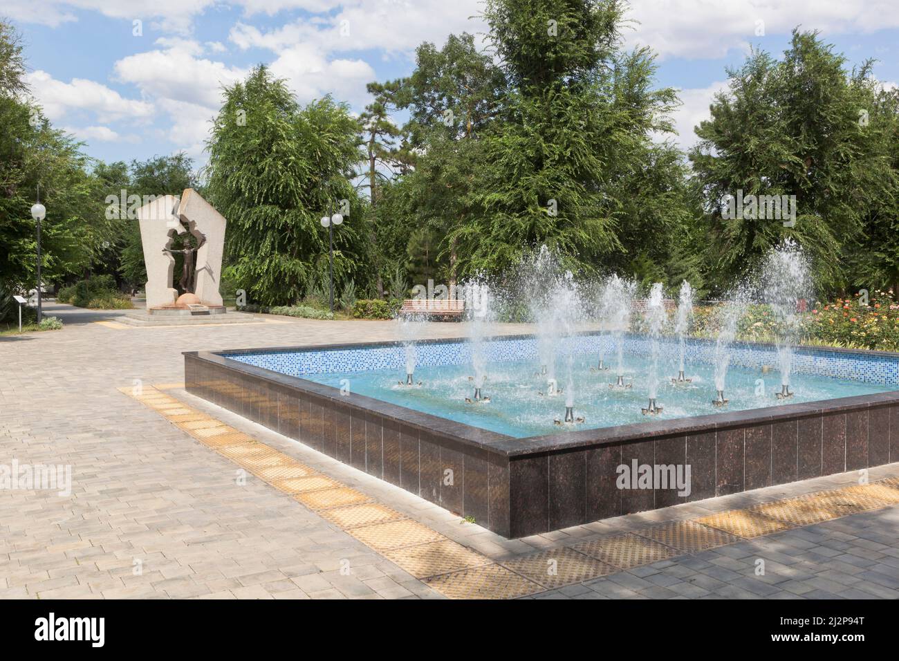 Evpatoria, Crimea, Russia - July 23, 2021: Fountain in the park of Heroes of Chernobyl in the resort city of Evpatoria, Crimea Stock Photo