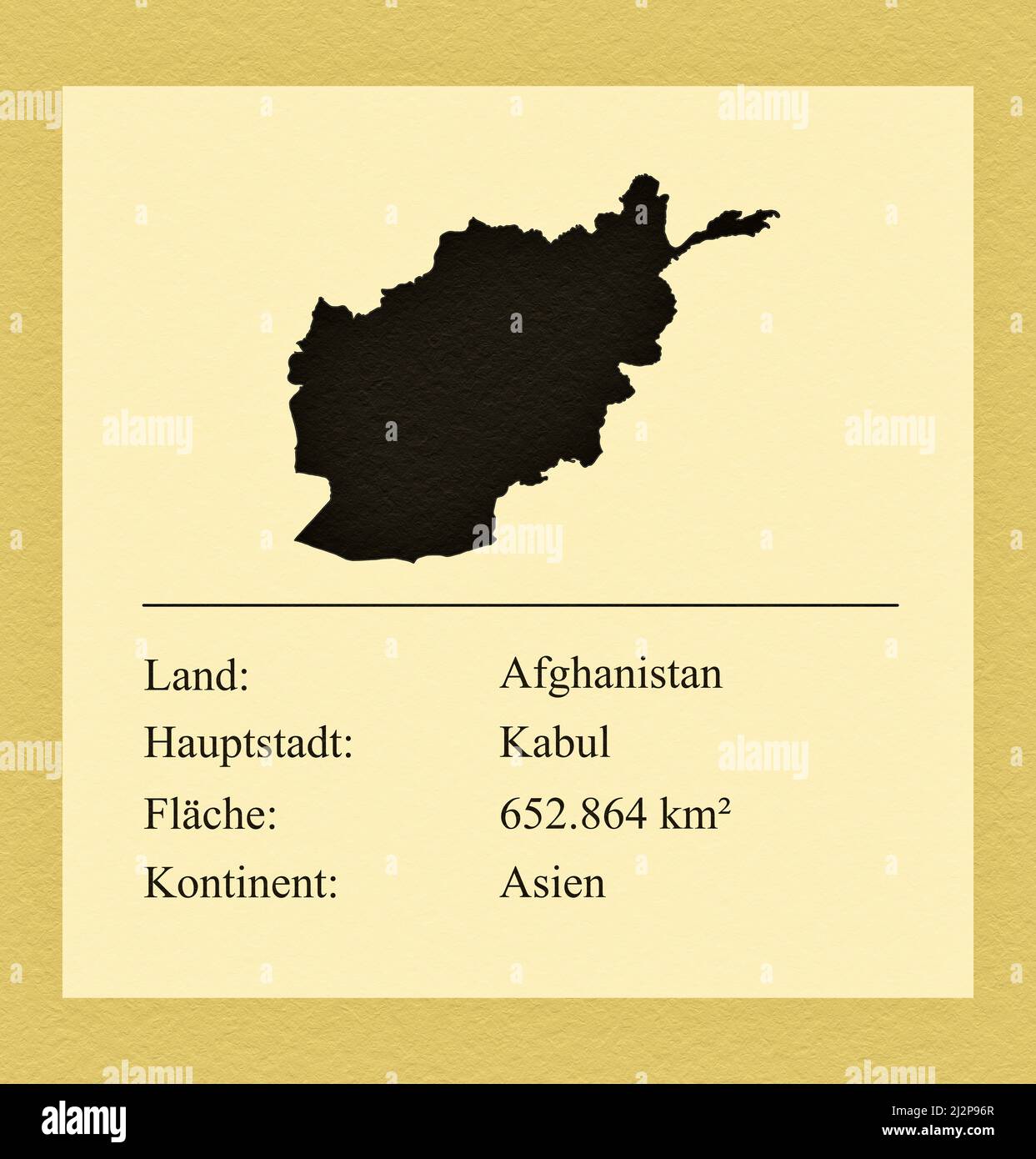 Umrisse des Landes Afghanistan, darunter ein kleiner Steckbrief mit Ländernamen, Hauptstadt, Fläche und Kontinent Stock Photo