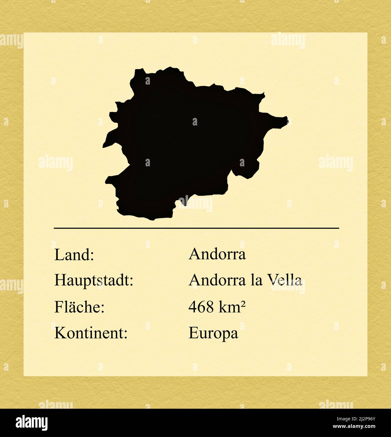 Umrisse des Landes Andorra, darunter ein kleiner Steckbrief mit Ländernamen, Hauptstadt, Fläche und Kontinent Stock Photo