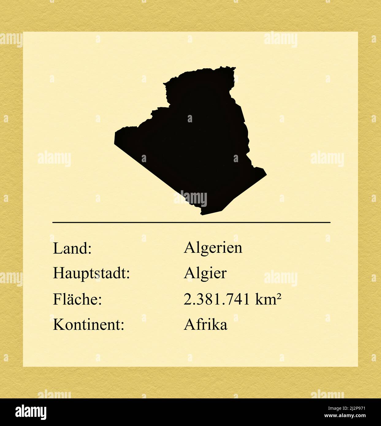 Umrisse des Landes Algerien, darunter ein kleiner Steckbrief mit Ländernamen, Hauptstadt, Fläche und Kontinent Stock Photo