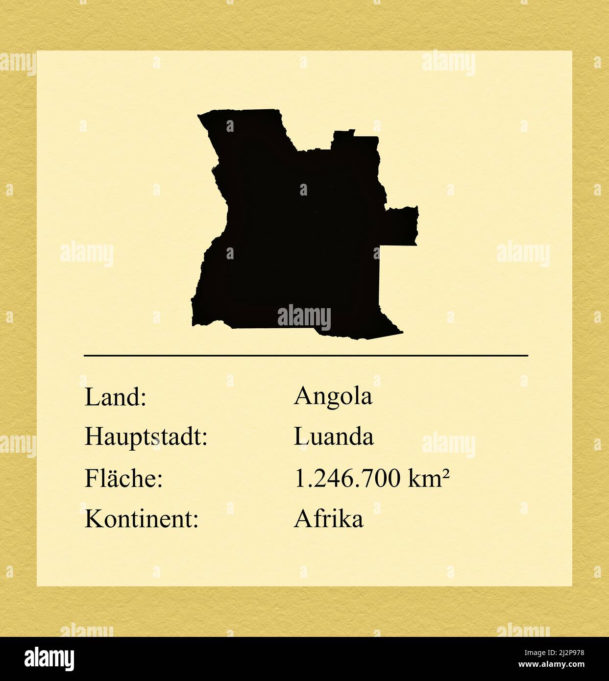 Umrisse des Landes Angola, darunter ein kleiner Steckbrief mit Ländernamen, Hauptstadt, Fläche und Kontinent Stock Photo