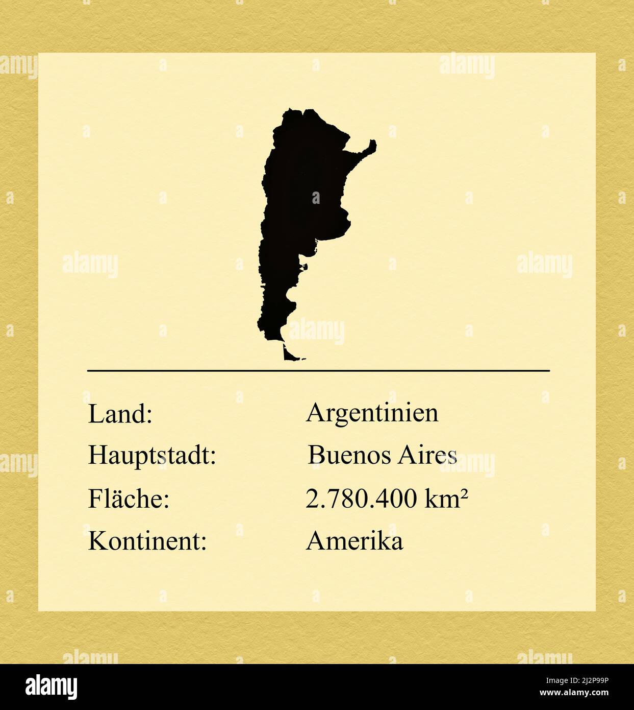 Umrisse des Landes Argentinien, darunter ein kleiner Steckbrief mit Ländernamen, Hauptstadt, Fläche und Kontinent Stock Photo