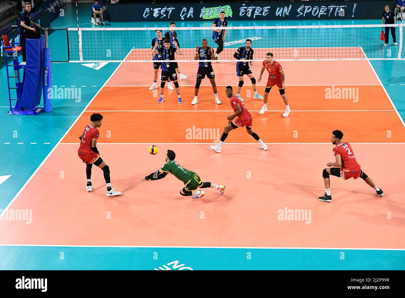 Paris, France. 02nd Apr, 2022. General view during the Men's French Cup,  Final Volleyball match between Tours Volley-Ball (TVB) and Chaumont Volley-Ball  52 (CVB) on April 2, 2022 at Salle Pierre Charpy