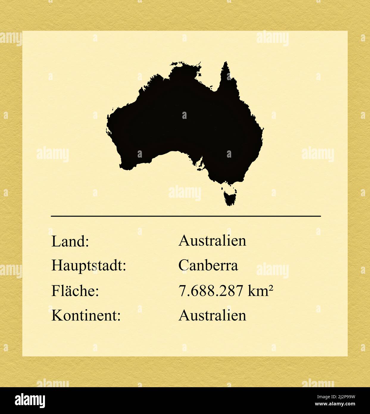 Umrisse des Landes Australien, darunter ein kleiner Steckbrief mit Ländernamen, Hauptstadt, Fläche und Kontinent Stock Photo