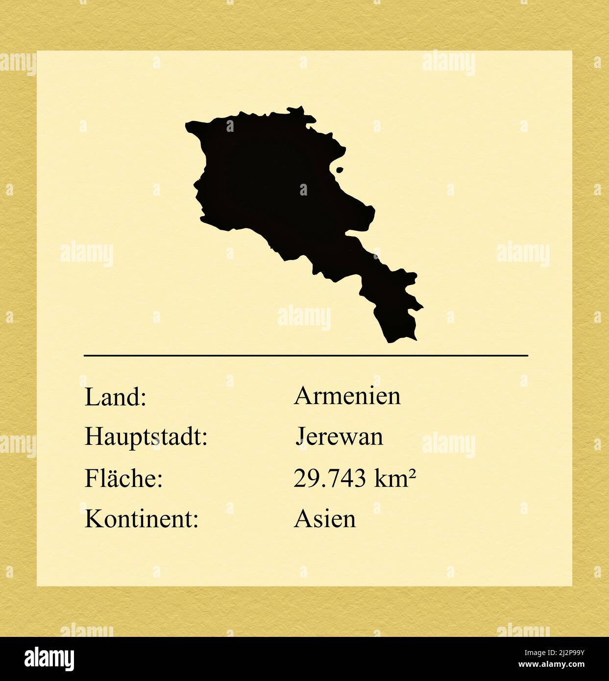 Umrisse des Landes Armenien, darunter ein kleiner Steckbrief mit Ländernamen, Hauptstadt, Fläche und Kontinent Stock Photo