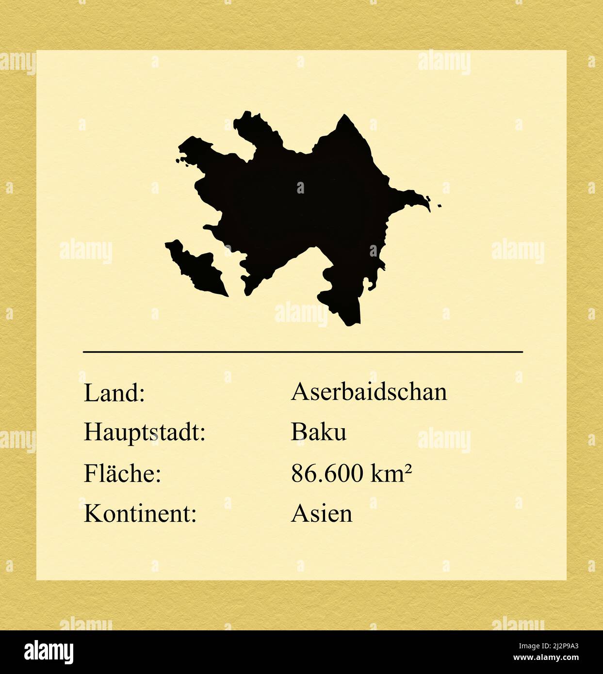 Umrisse des Landes Aserbaidschan, darunter ein kleiner Steckbrief mit Ländernamen, Hauptstadt, Fläche und Kontinent Stock Photo
