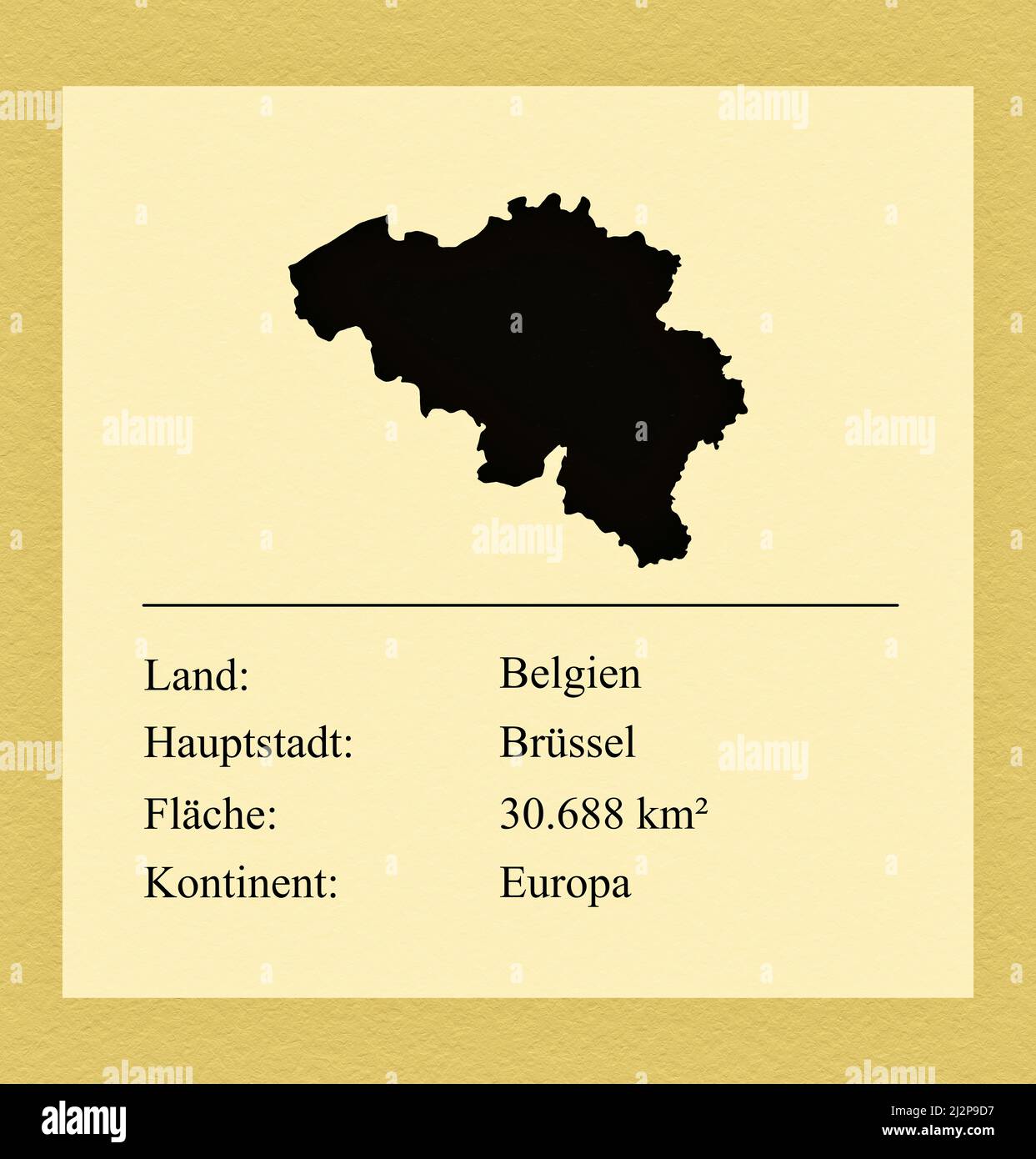 Umrisse des Landes Belgien, darunter ein kleiner Steckbrief mit Ländernamen, Hauptstadt, Fläche und Kontinent Stock Photo