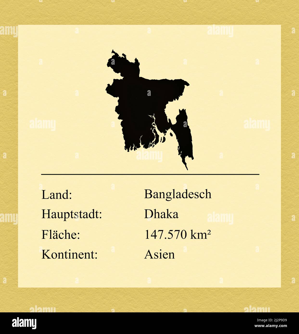 Umrisse des Landes Bangladesch, darunter ein kleiner Steckbrief mit Ländernamen, Hauptstadt, Fläche und Kontinent Stock Photo