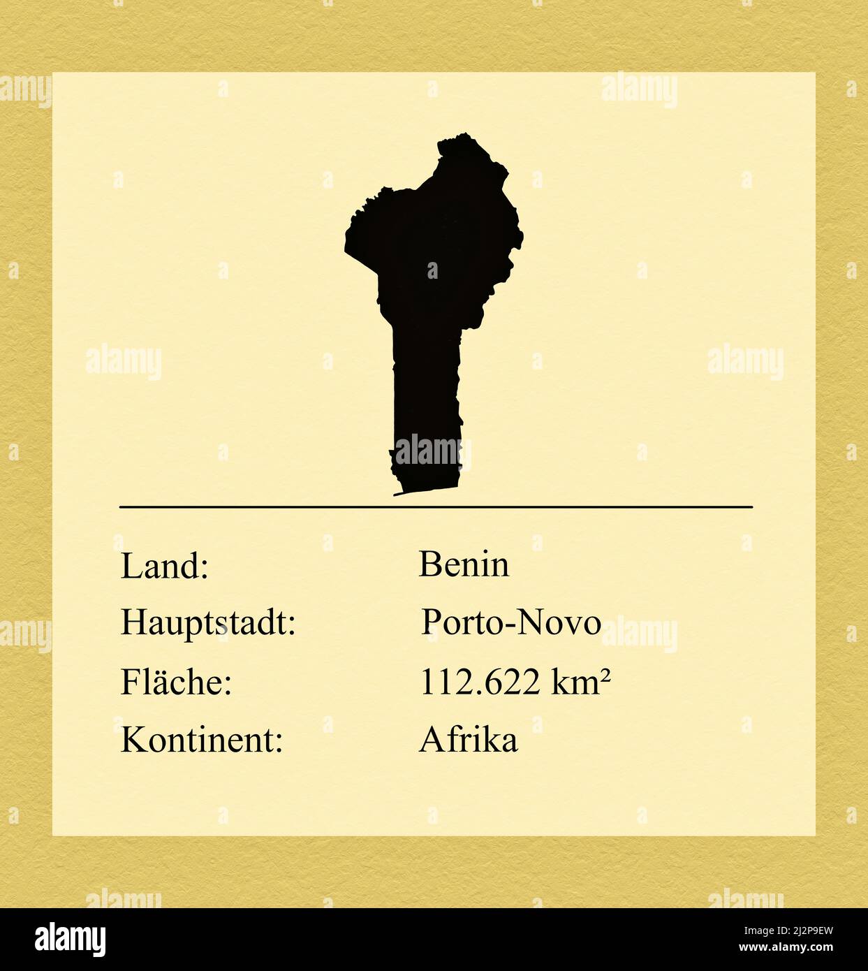 Umrisse des Landes Benin, darunter ein kleiner Steckbrief mit Ländernamen, Hauptstadt, Fläche und Kontinent Stock Photo