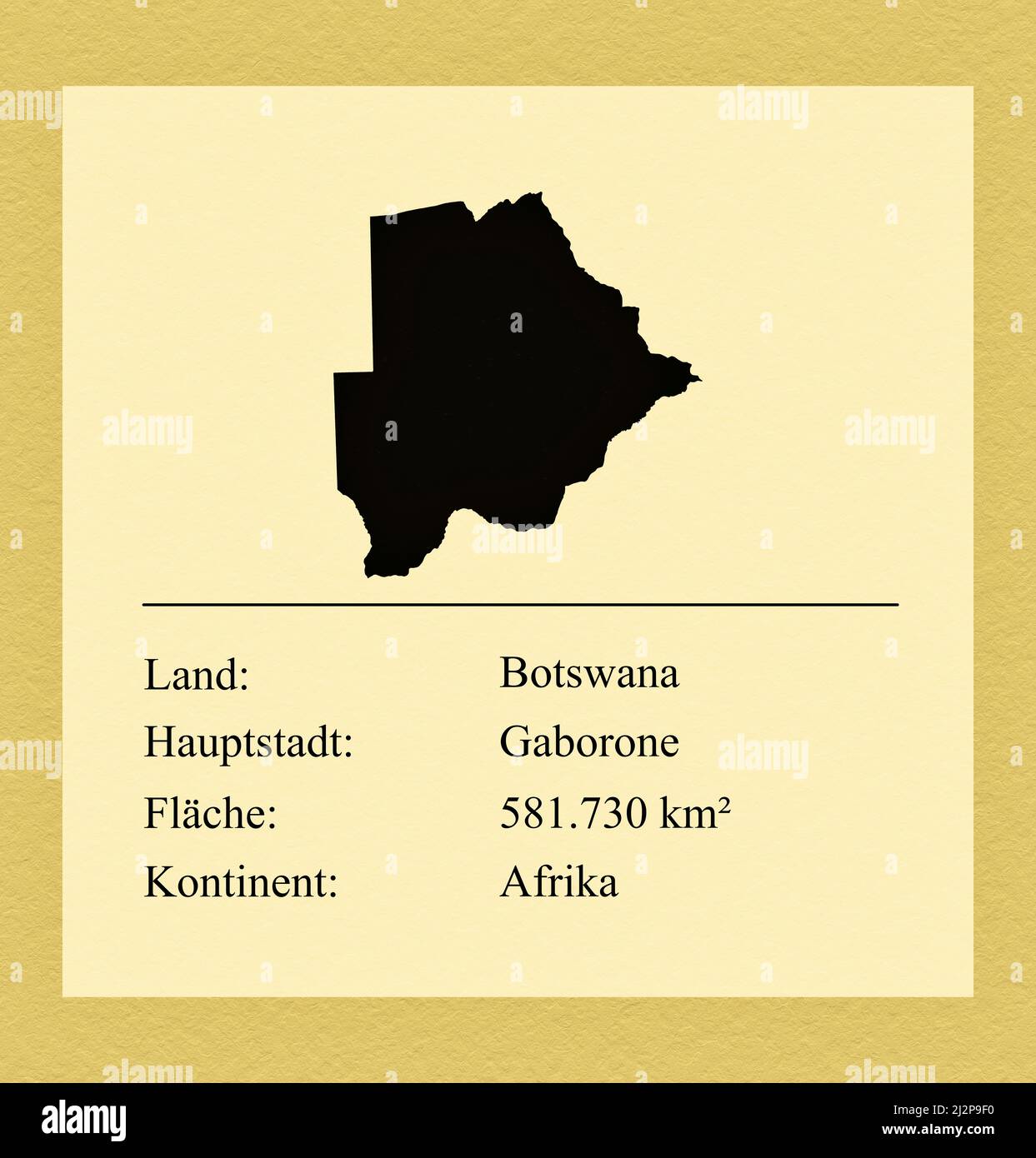 Umrisse des Landes Botswana, darunter ein kleiner Steckbrief mit Ländernamen, Hauptstadt, Fläche und Kontinent Stock Photo