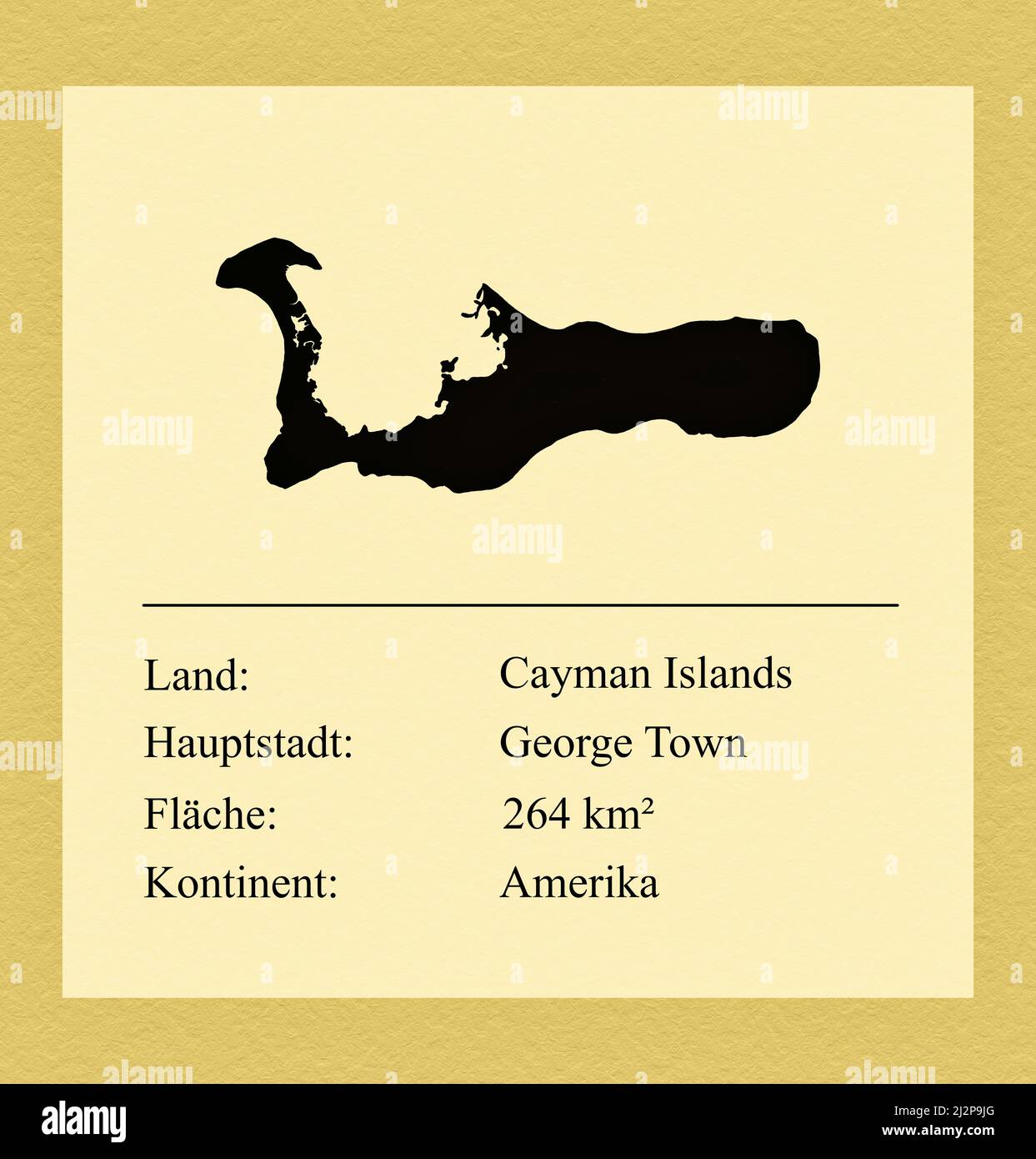 Umrisse des Landes Cayman Islands, darunter ein kleiner Steckbrief mit Ländernamen, Hauptstadt, Fläche und Kontinent Stock Photo