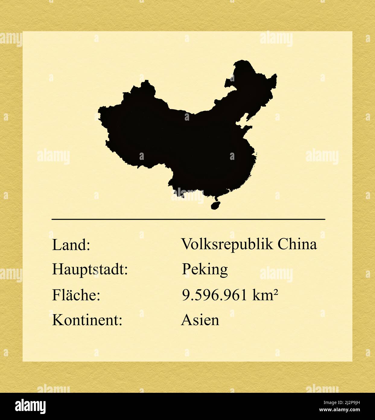 Umrisse des Landes China, darunter ein kleiner Steckbrief mit Ländernamen, Hauptstadt, Fläche und Kontinent Stock Photo