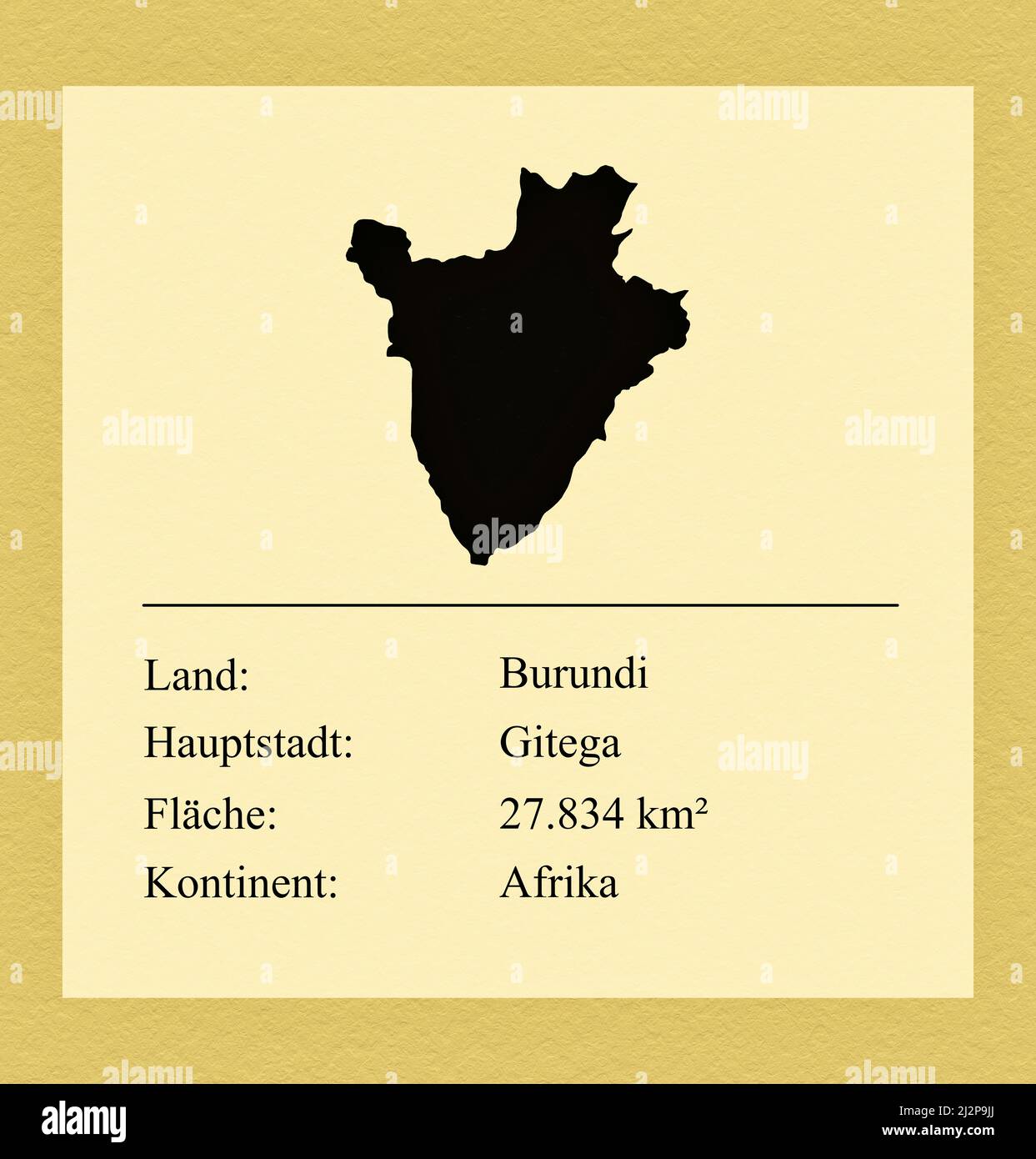 Umrisse des Landes Burundi, darunter ein kleiner Steckbrief mit Ländernamen, Hauptstadt, Fläche und Kontinent Stock Photo