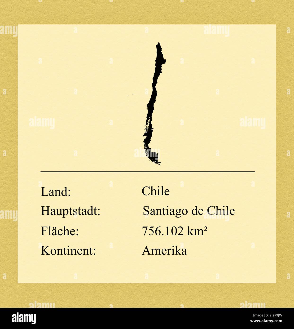 Umrisse des Landes Chile, darunter ein kleiner Steckbrief mit Ländernamen, Hauptstadt, Fläche und Kontinent Stock Photo