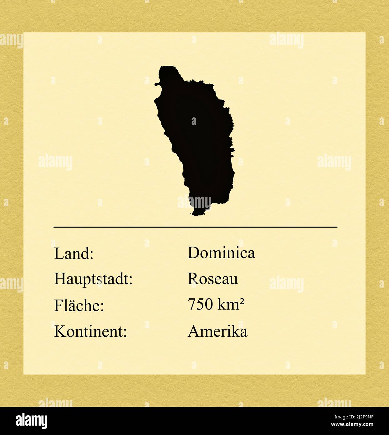 Umrisse des Landes Dominica, darunter ein kleiner Steckbrief mit Ländernamen, Hauptstadt, Fläche und Kontinent Stock Photo