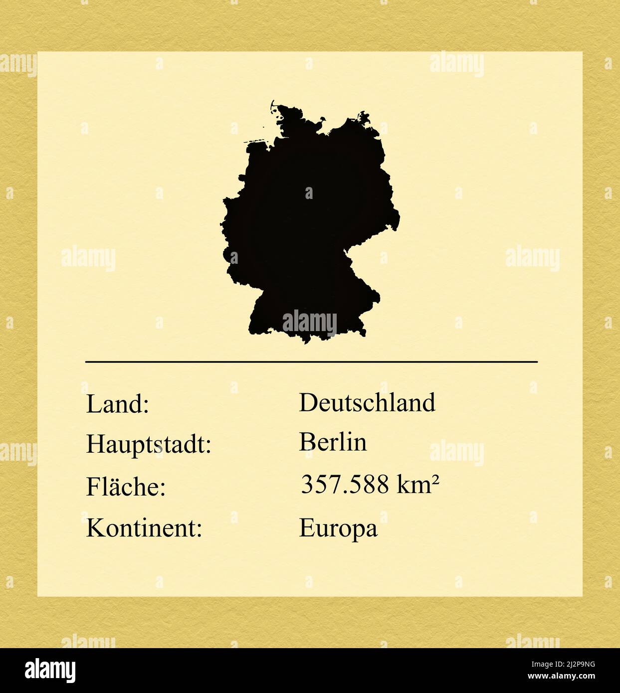 Umrisse des Landes Deutschland, darunter ein kleiner Steckbrief mit Ländernamen, Hauptstadt, Fläche und Kontinent Stock Photo