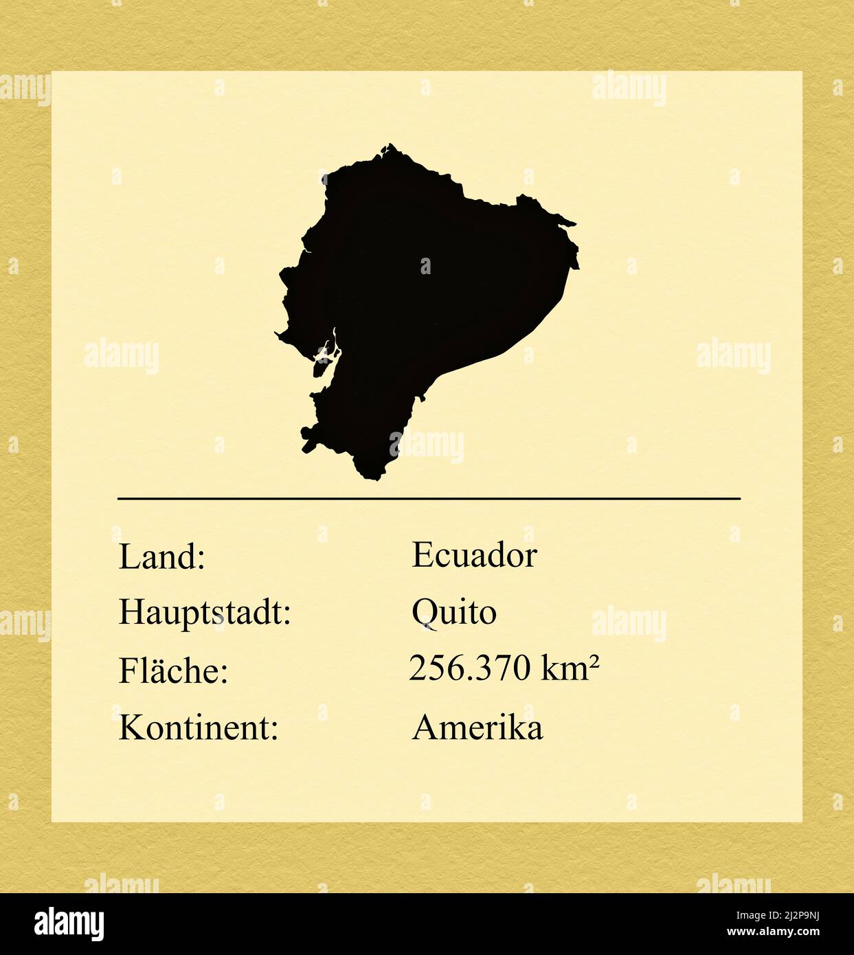 Umrisse des Landes Ecuador, darunter ein kleiner Steckbrief mit Ländernamen, Hauptstadt, Fläche und Kontinent Stock Photo