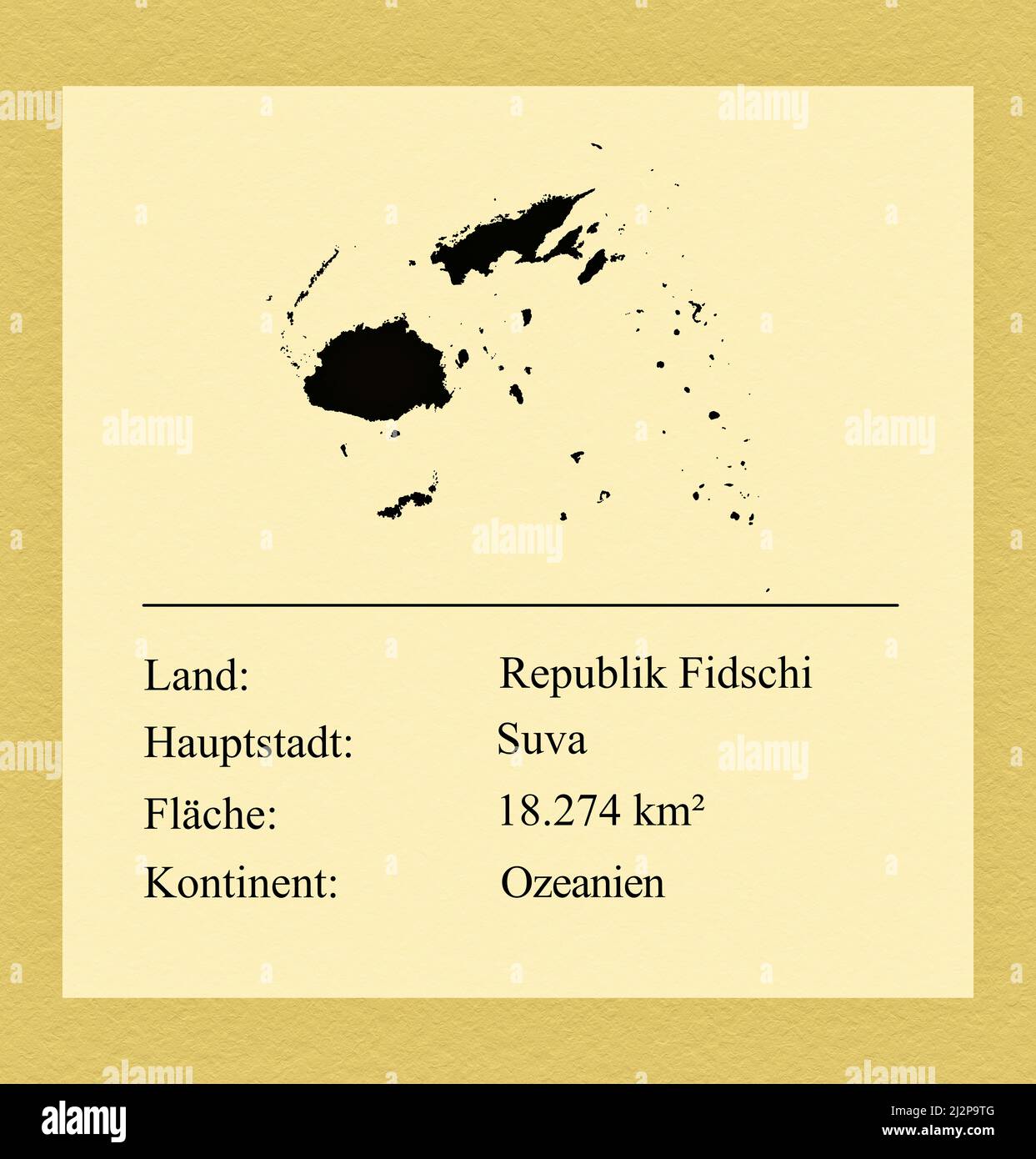 Umrisse des Landes Republik Fidschi, darunter ein kleiner Steckbrief mit Ländernamen, Hauptstadt, Fläche und Kontinent Stock Photo