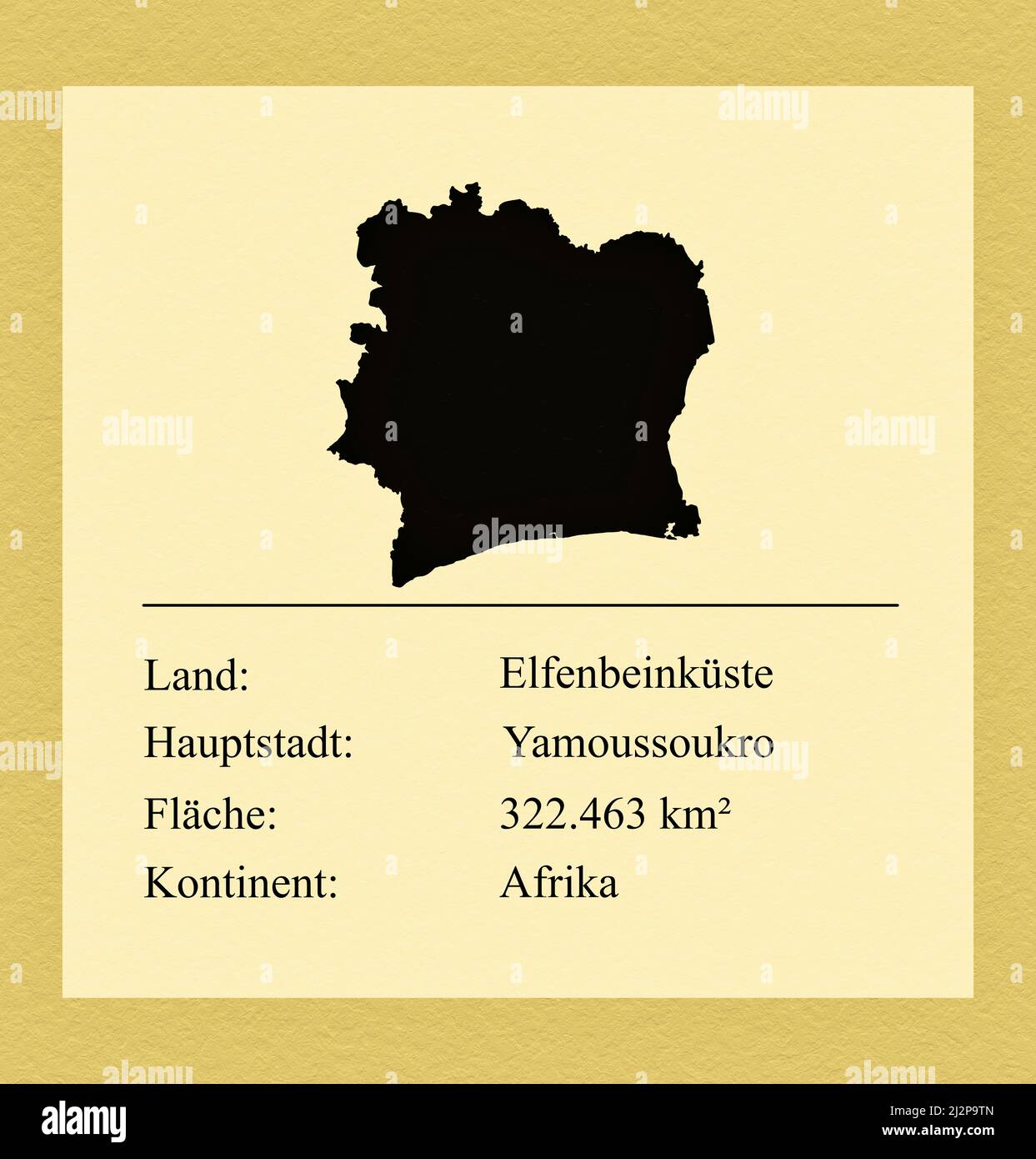 Umrisse des Landes Elfenbeinküste, darunter ein kleiner Steckbrief mit Ländernamen, Hauptstadt, Fläche und Kontinent Stock Photo