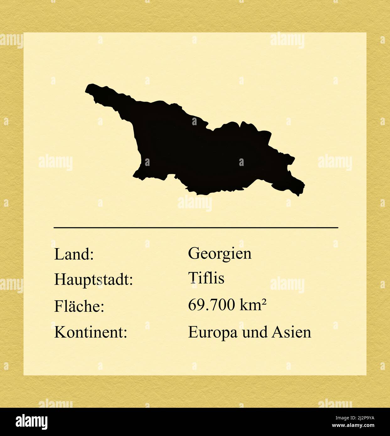 Umrisse des Landes Georgien, darunter ein kleiner Steckbrief mit Ländernamen, Hauptstadt, Fläche und Kontinent Stock Photo
