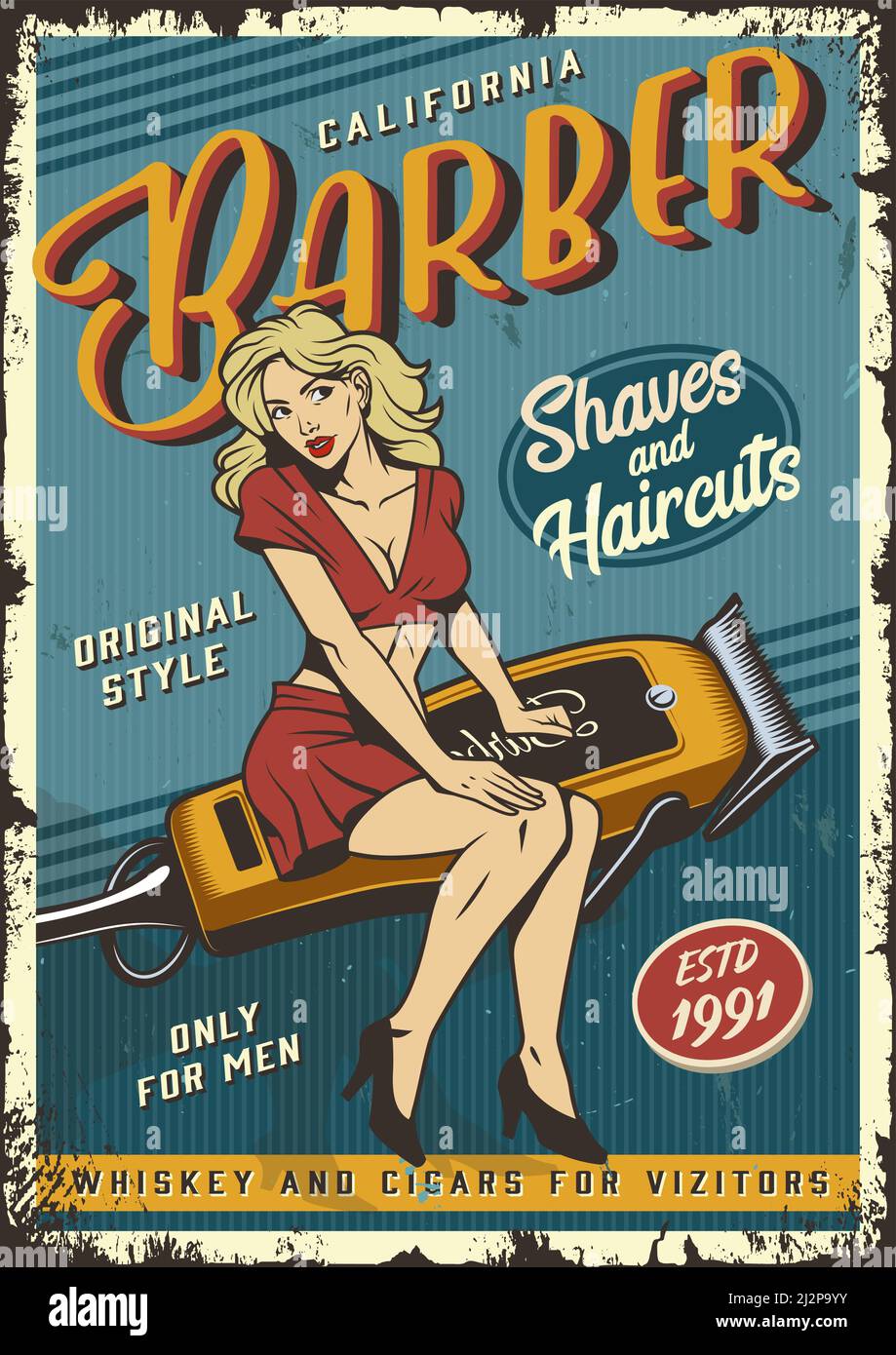 Vintage poster with pin up attractive blonde woman sitting