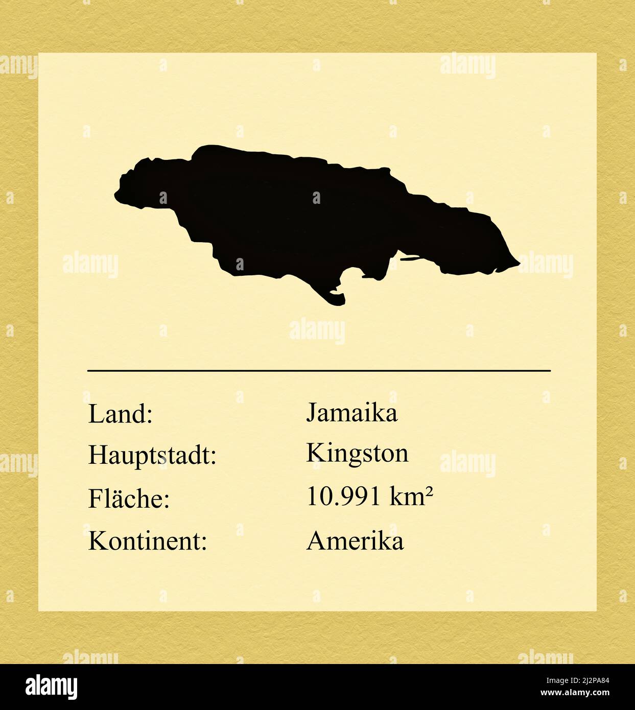 Umrisse des Landes Jamaika, darunter ein kleiner Steckbrief mit Ländernamen, Hauptstadt, Fläche und Kontinent Stock Photo
