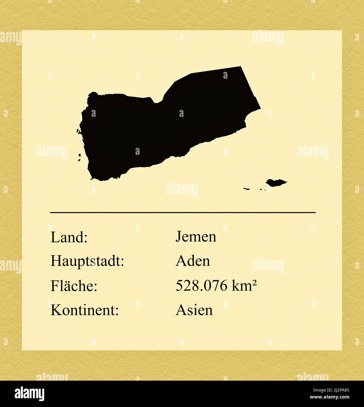 Umrisse des Landes Jemen, darunter ein kleiner Steckbrief mit Ländernamen, Hauptstadt, Fläche und Kontinent Stock Photo