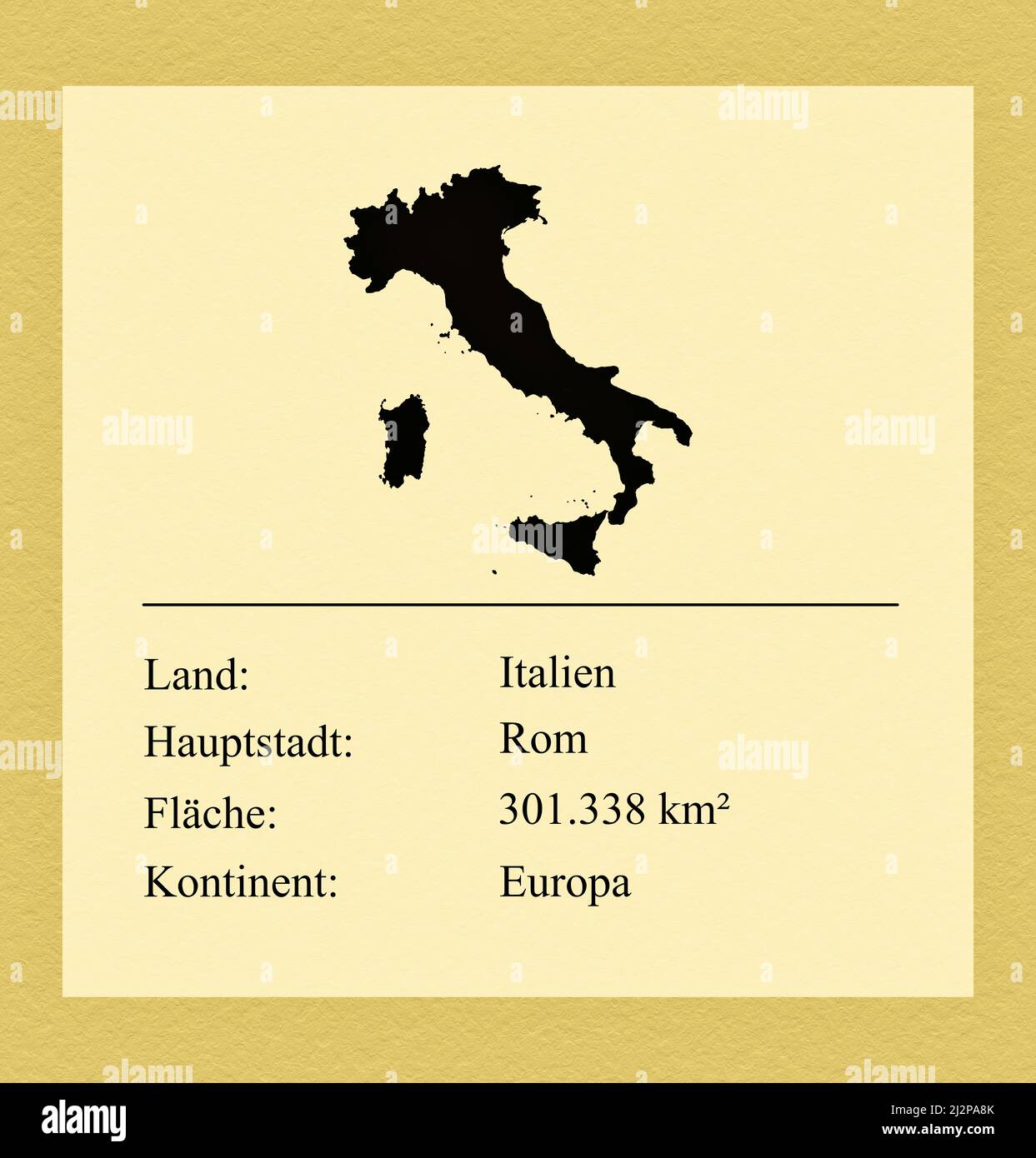Umrisse des Landes Italien, darunter ein kleiner Steckbrief mit Ländernamen, Hauptstadt, Fläche und Kontinent Stock Photo