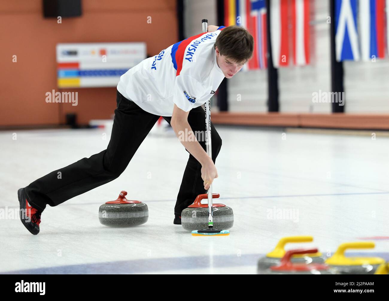 Prague, Czech Republic. 03rd Apr, 2022. Czech Vit Chabicovsky in action during the curling WCT Mixed Doubles Prague Trophy 2022, Czech Republic, April 3, 2022. Credit: Katerina Sulova/CTK Photo/Alamy Live News Stock Photo