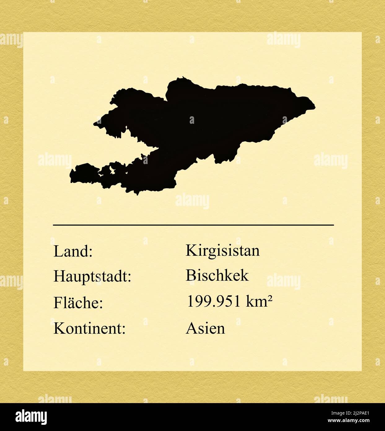 Umrisse des Landes Kirgisistan, darunter ein kleiner Steckbrief mit Ländernamen, Hauptstadt, Fläche und Kontinent Stock Photo