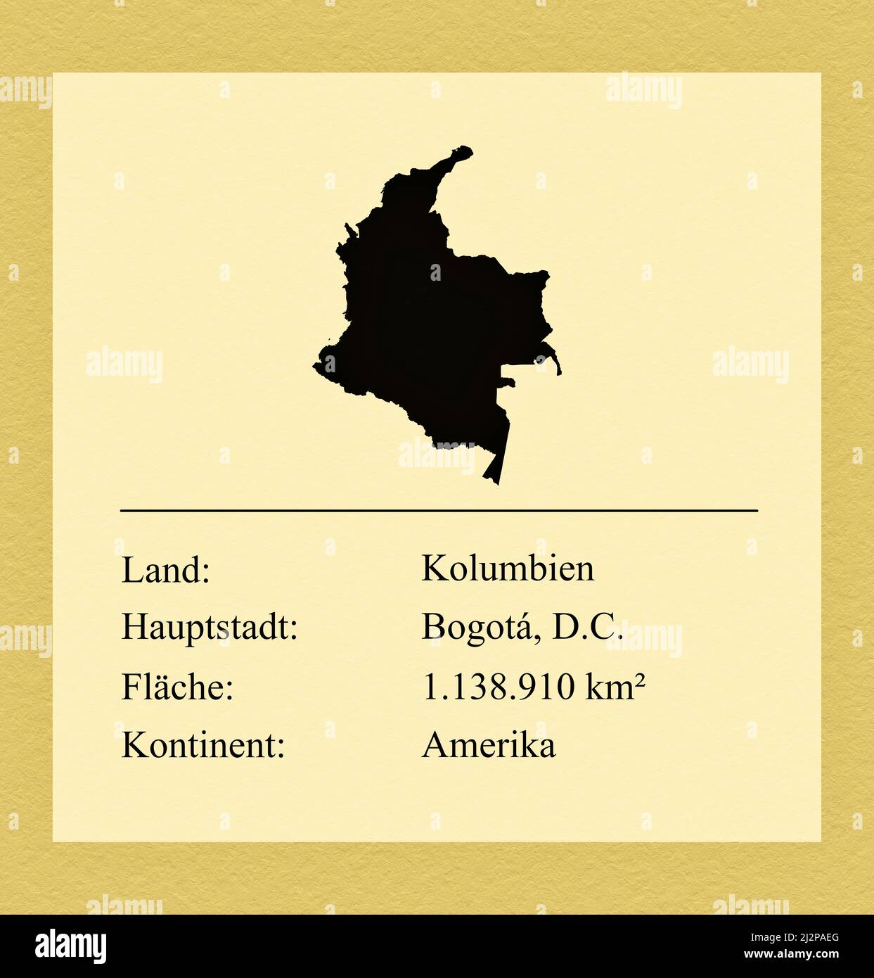 Umrisse des Landes Kolumbien, darunter ein kleiner Steckbrief mit Ländernamen, Hauptstadt, Fläche und Kontinent Stock Photo