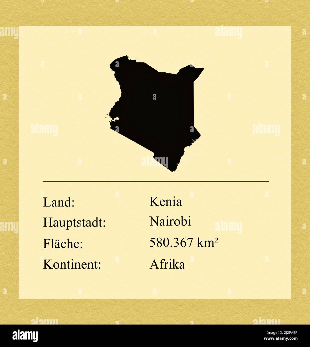 Umrisse des Landes Kenia, darunter ein kleiner Steckbrief mit Ländernamen, Hauptstadt, Fläche und Kontinent Stock Photo