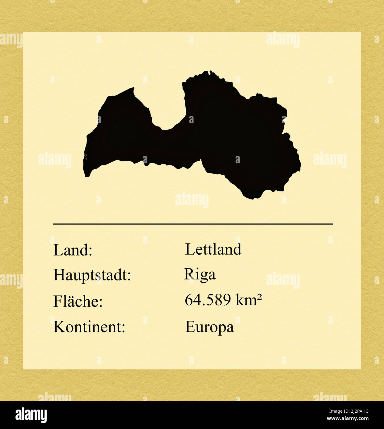 Umrisse des Landes Lettland, darunter ein kleiner Steckbrief mit Ländernamen, Hauptstadt, Fläche und Kontinent Stock Photo