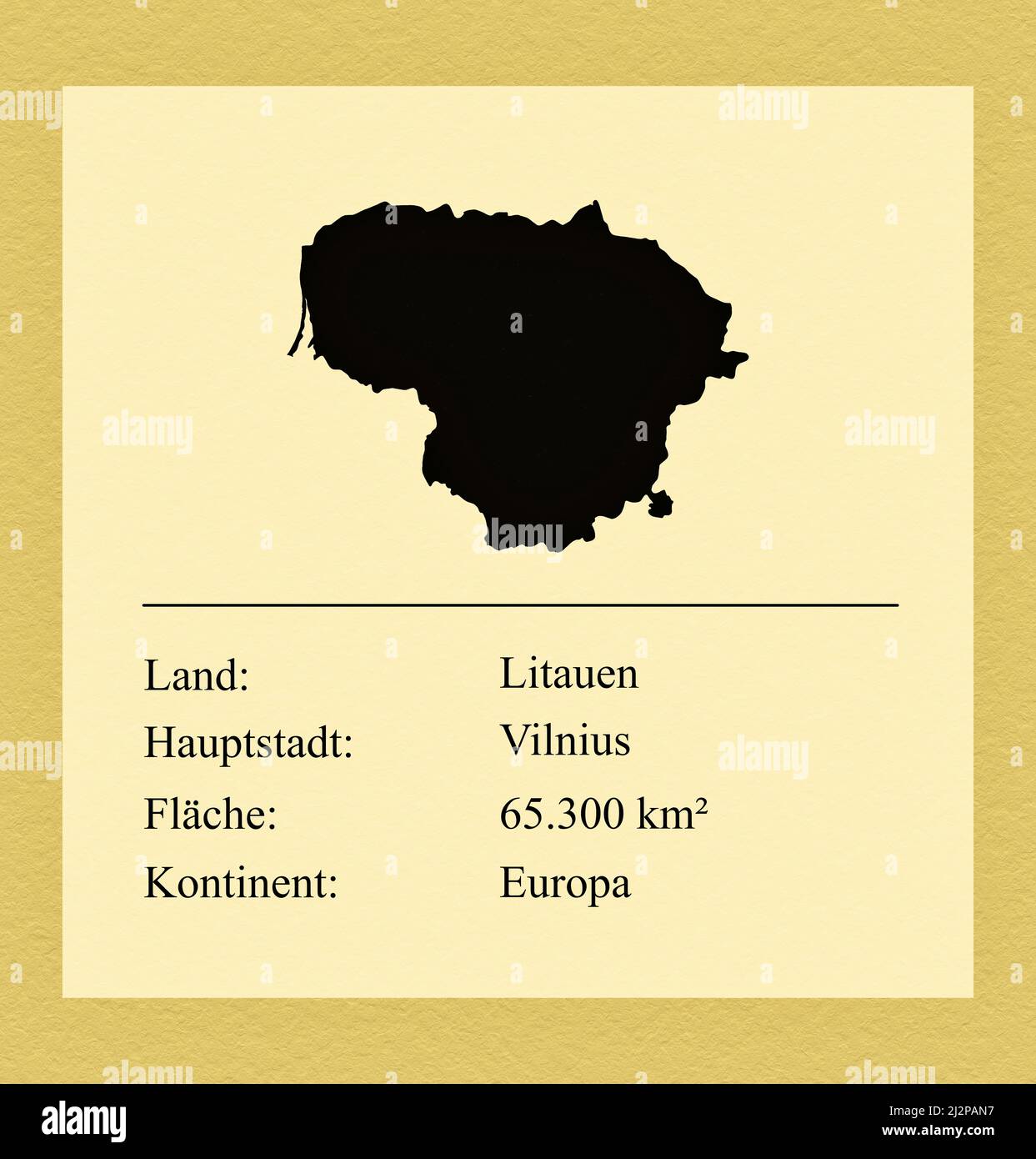Umrisse des Landes Litauen, darunter ein kleiner Steckbrief mit Ländernamen, Hauptstadt, Fläche und Kontinent Stock Photo