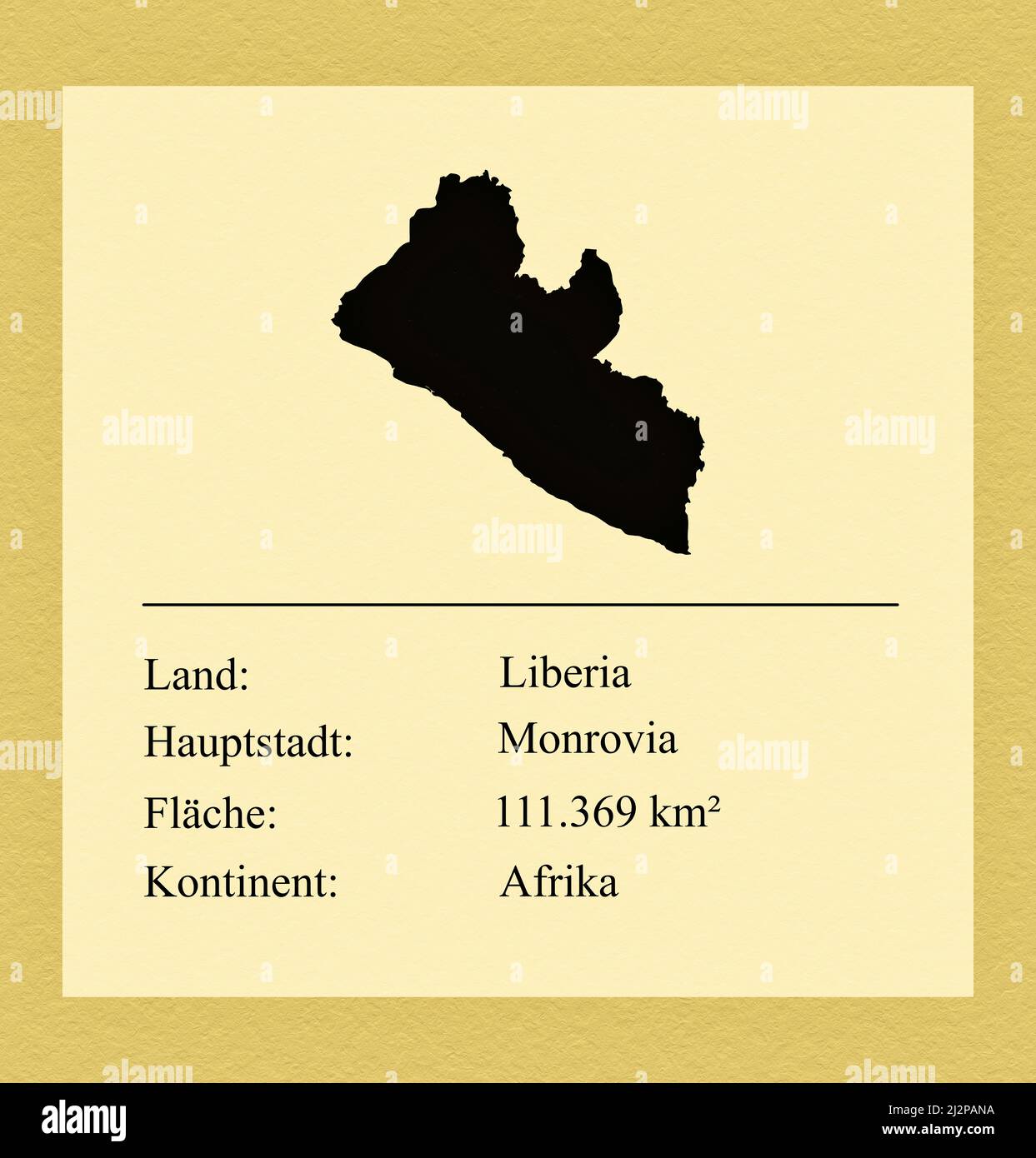 Umrisse des Landes Liberia, darunter ein kleiner Steckbrief mit Ländernamen, Hauptstadt, Fläche und Kontinent Stock Photo