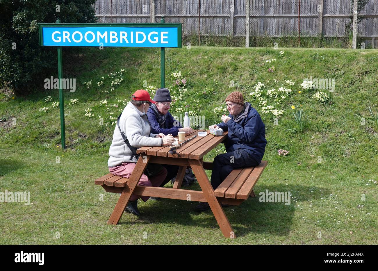 Lunch Among the Primroses at Groombridge Station Stock Photo