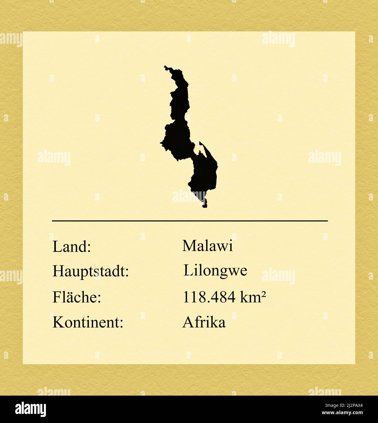 Umrisse des Landes Malawi, darunter ein kleiner Steckbrief mit Ländernamen, Hauptstadt, Fläche und Kontinent Stock Photo