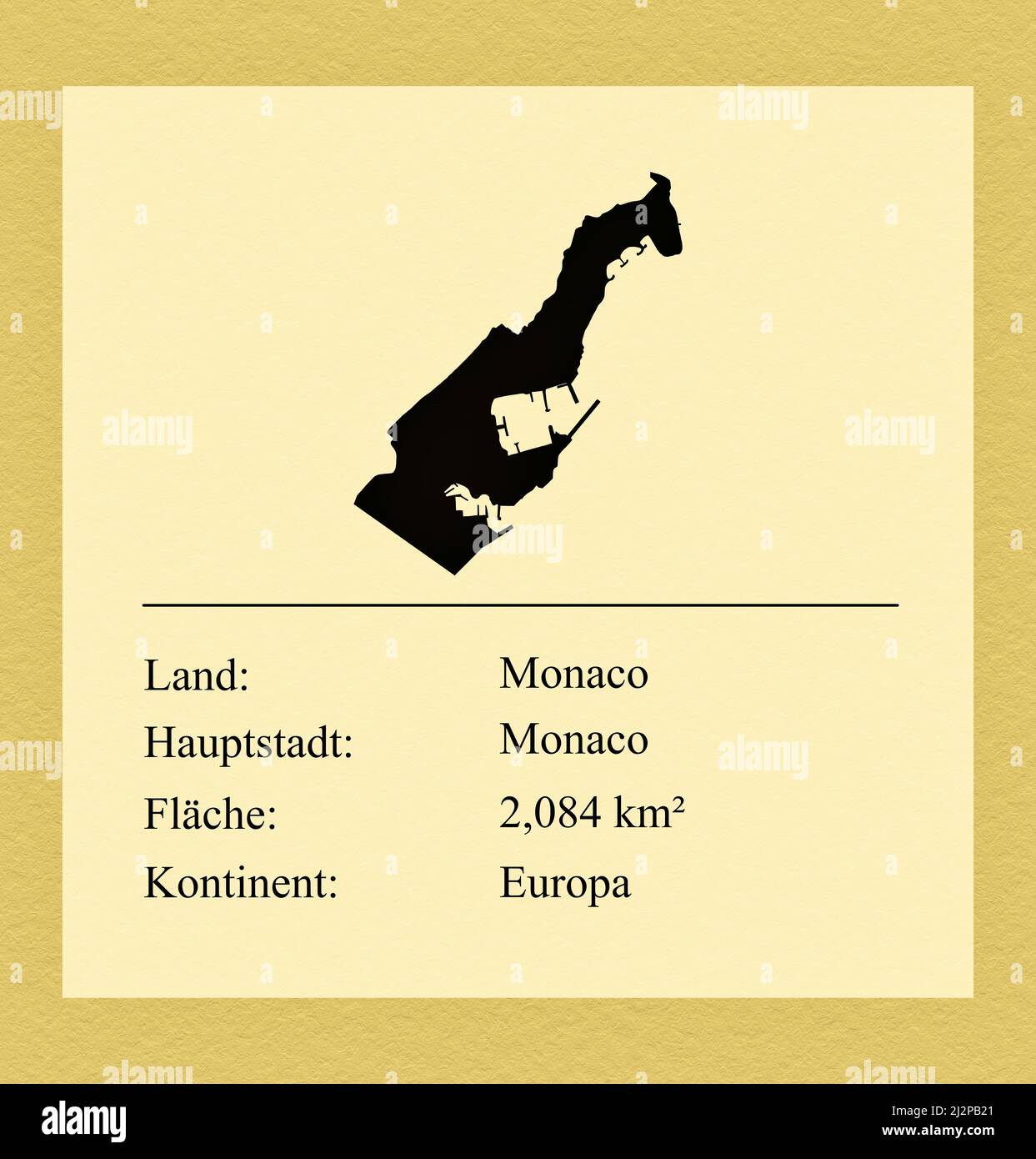 Umrisse des Landes Monaco, darunter ein kleiner Steckbrief mit Ländernamen, Hauptstadt, Fläche und Kontinent Stock Photo