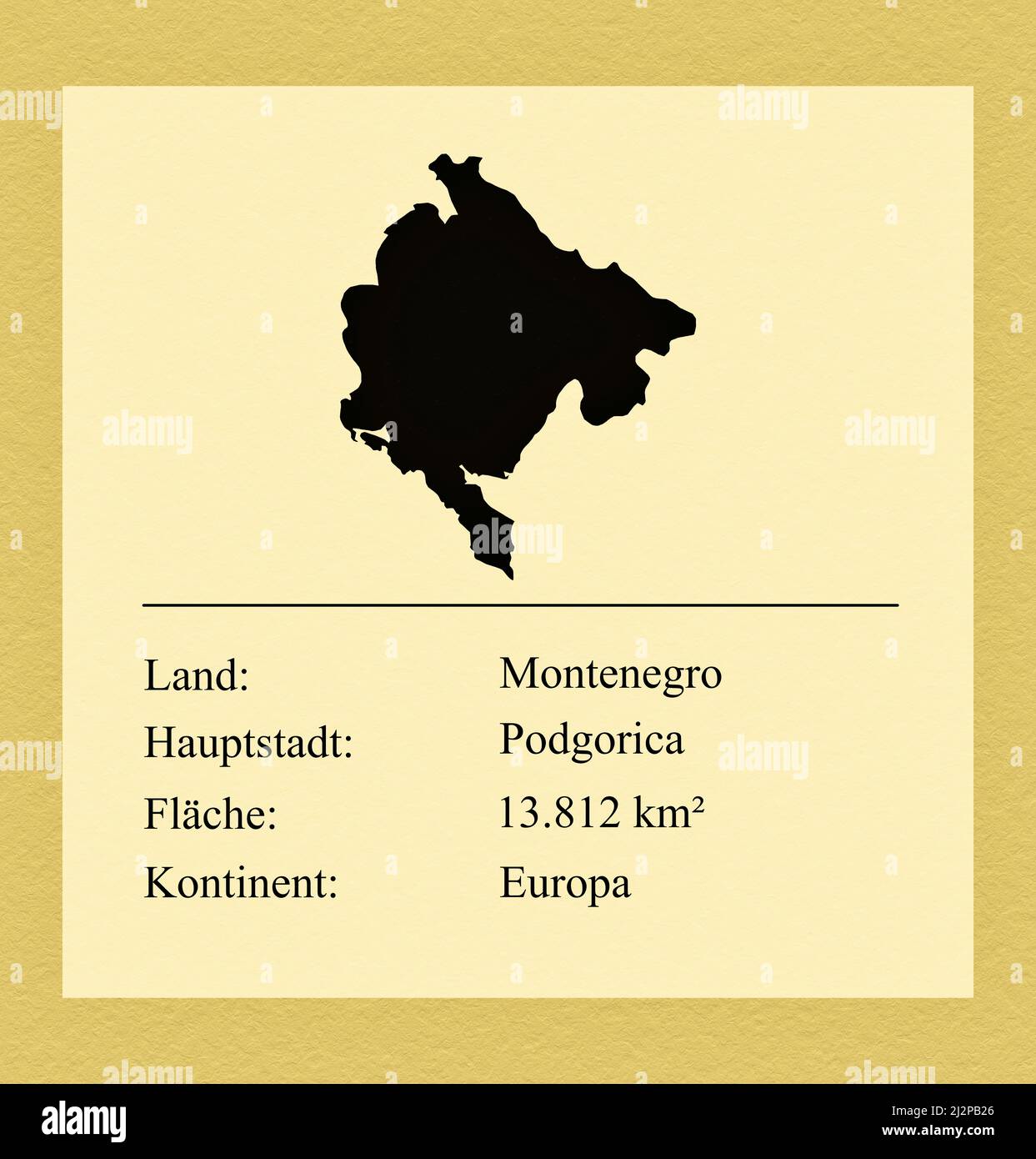 Umrisse des Landes Montenegro, darunter ein kleiner Steckbrief mit Ländernamen, Hauptstadt, Fläche und Kontinent Stock Photo