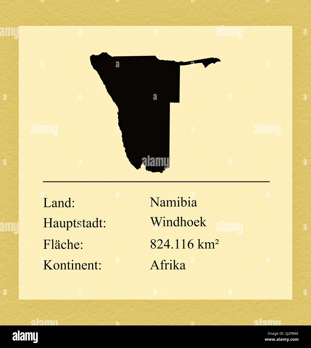 Umrisse des Landes Namibia, darunter ein kleiner Steckbrief mit Ländernamen, Hauptstadt, Fläche und Kontinent Stock Photo